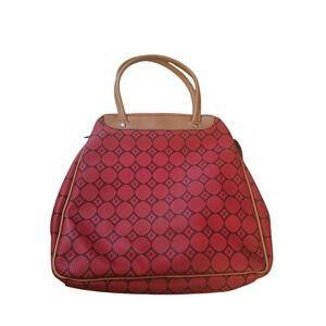Fossil Signature Red & Tan Satchel Tote Bag – Monogram Logo Print – Leather Trim